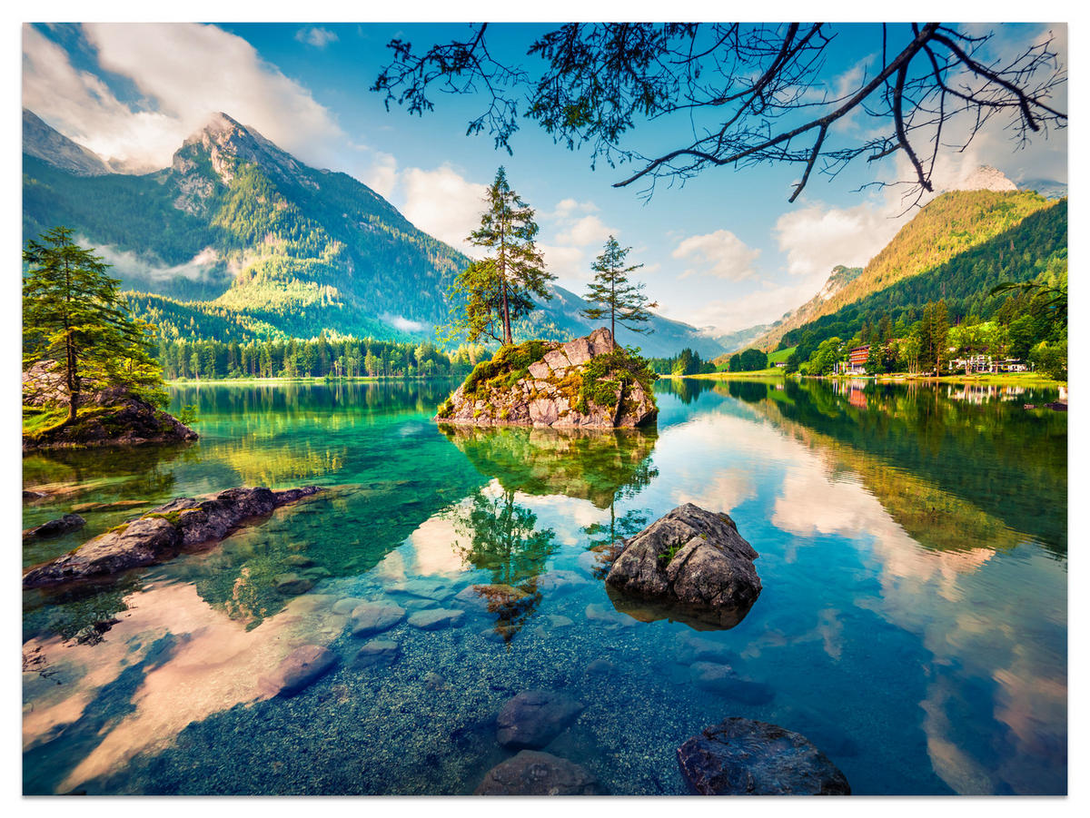 FOTOTAPETE für Schlafzimmer Bergsee Nadelbäume Felsen Natur Landschaft 450x315 - Türkis/Beige, Papier (450/315cm) - Muralo