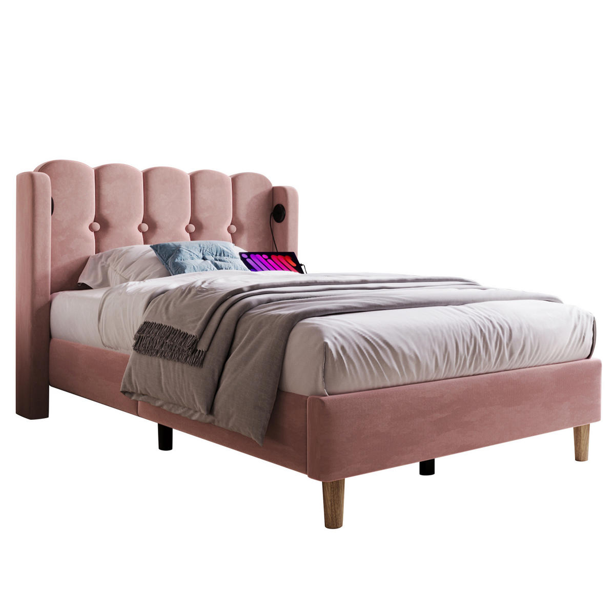 POLSTERBETT 90/200 cm in Rosa aus Samt mit USB- und Type-C-Anschlüssen - Rosa, Textil (90/200cm) - Flora Grace