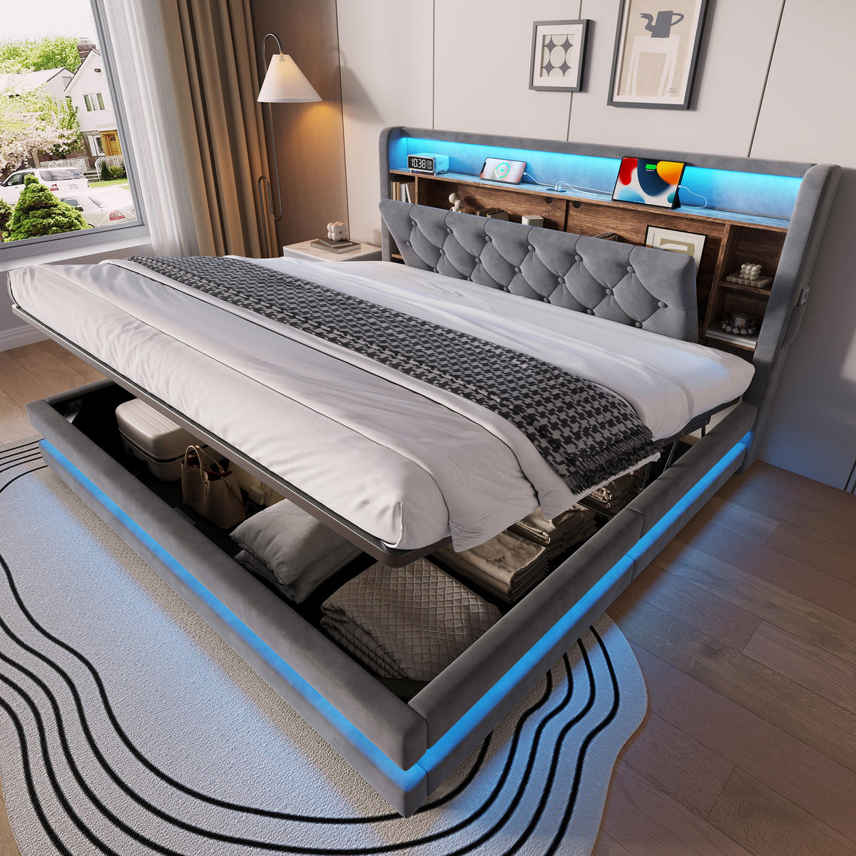 POLSTERBETT für 180x200 cm Matratzen in Dunkelgrau mit LED, Bettkasten und USB - Dunkelgrau, Textil (180/200cm) - IVMEU