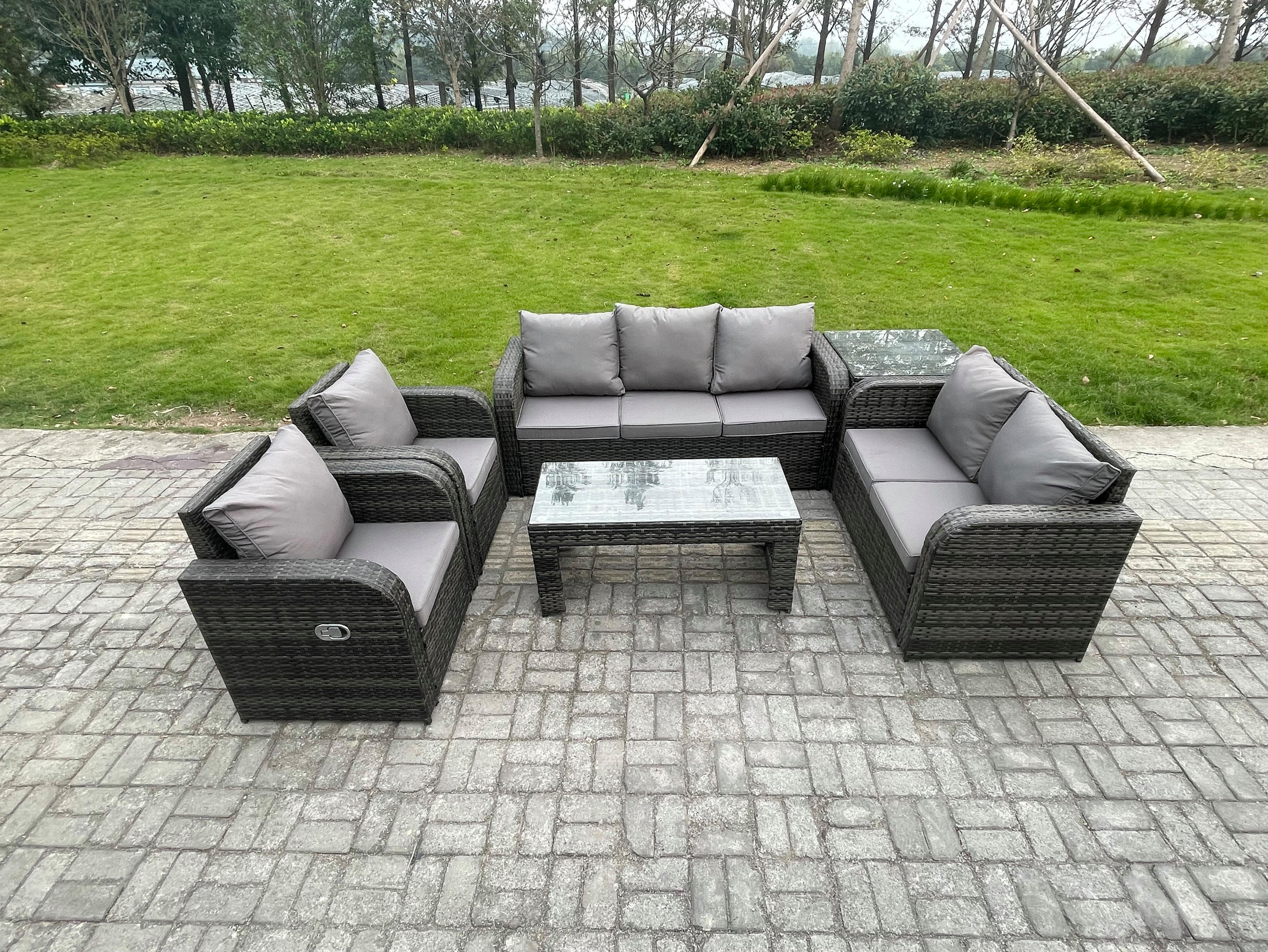 GARTENSOFA SET mit rechteckigem COUCHTISCH Polyrattan 7-Sitzer Dunkelgrau - Dunkelgrau/Grau, Glas/Kunststoff - Fimous