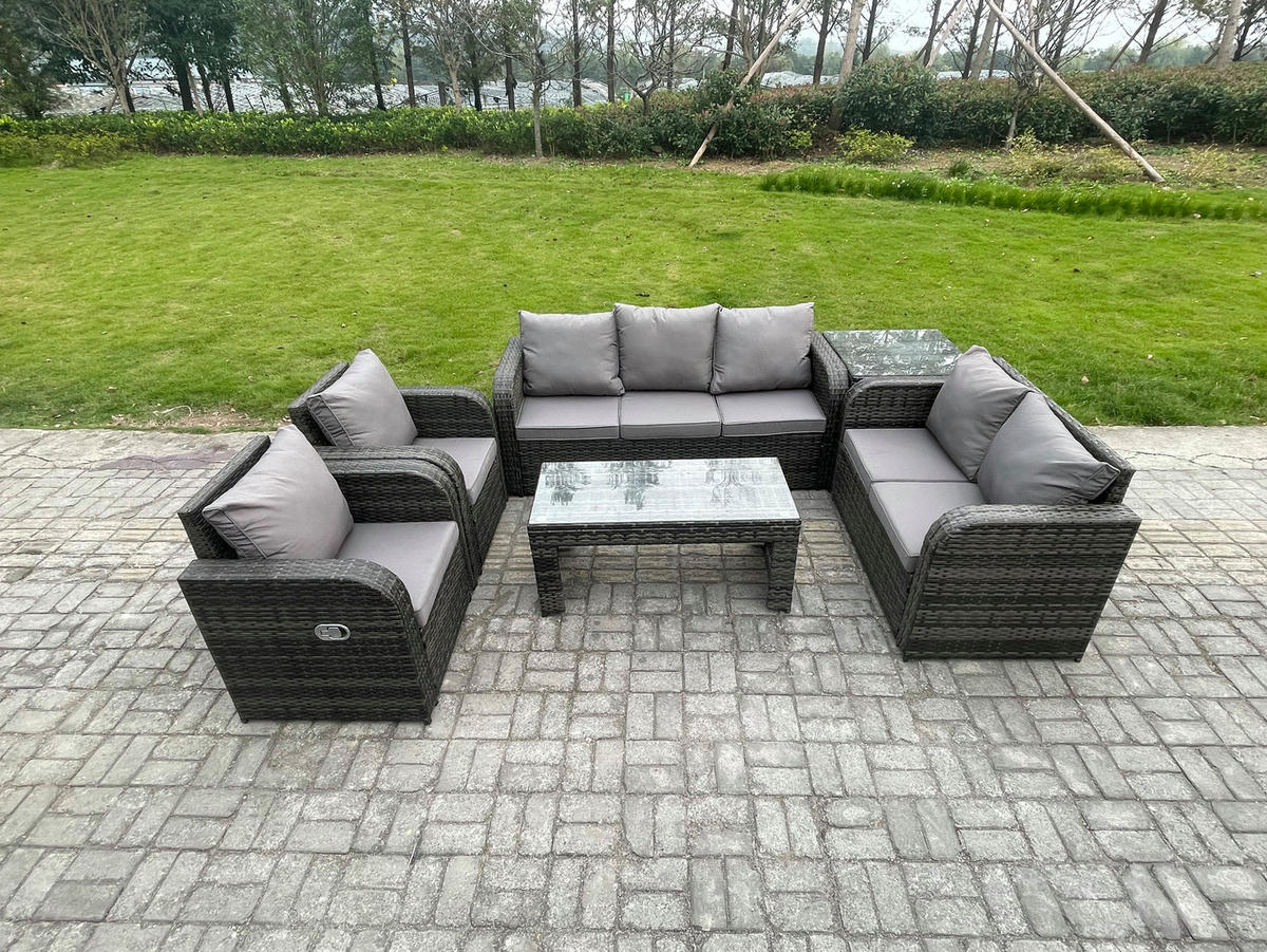 GARTENSOFA SET mit rechteckigem COUCHTISCH Polyrattan 7-Sitzer Dunkelgrau - Dunkelgrau/Grau, Glas/Kunststoff - Fimous