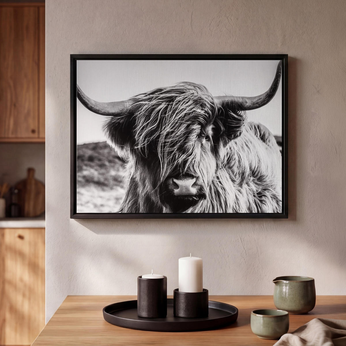 LEINWAND Bilder mit Rahmen - Kuh - Schottischer Hochländer - Schwarz - Weiß - Tier - Natur - Wildtiere - 40x30 - Schwarz, Textil (40/30cm) - MuchoWow