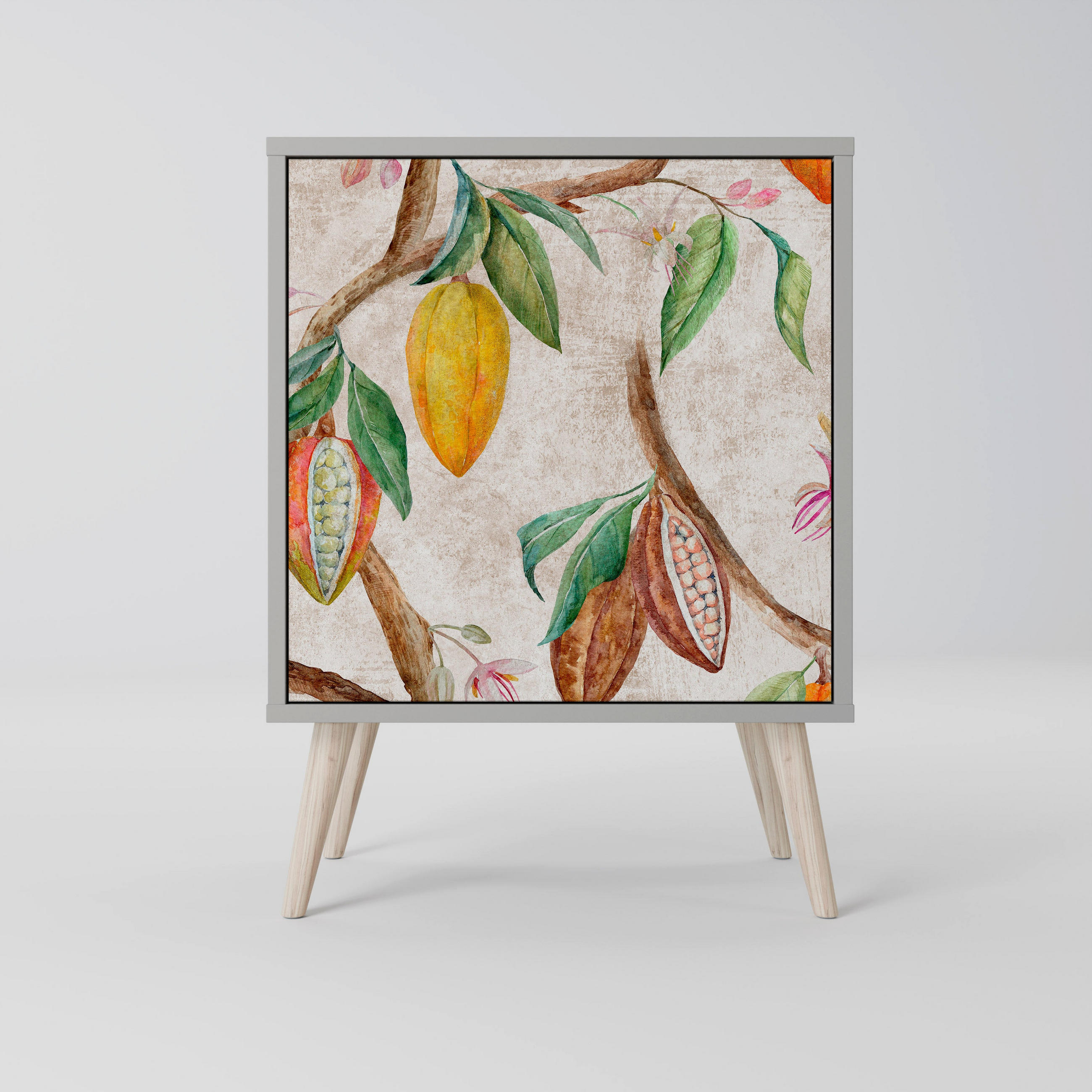 SIDEBOARD COCOA FRUITS, Grau, 57,5x42x77,5 cm, Schräge Buchenholzfüße - Buchefarben/Multicolor, Holzwerkstoff/Buchenholz (57.5/77.5/42cm) - SpaceRebels