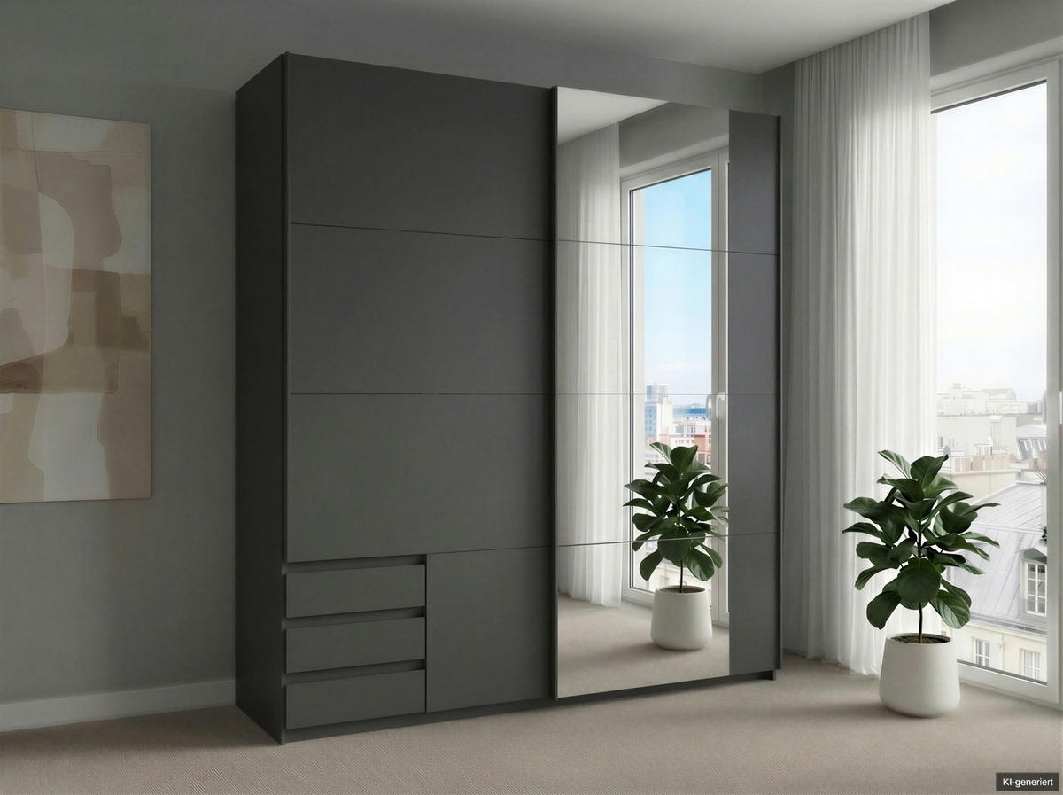 SCHWEBETÜRENSCHRANK 2-türig B179/H198/T65 cm, Kleiderschrank in Grafit mit sichtbaren Schubkästen & Spiegel / 22707 - Schwarz/Graphitfarben, Holz/Holzwerkstoff (179/198/65cm) - luma-home