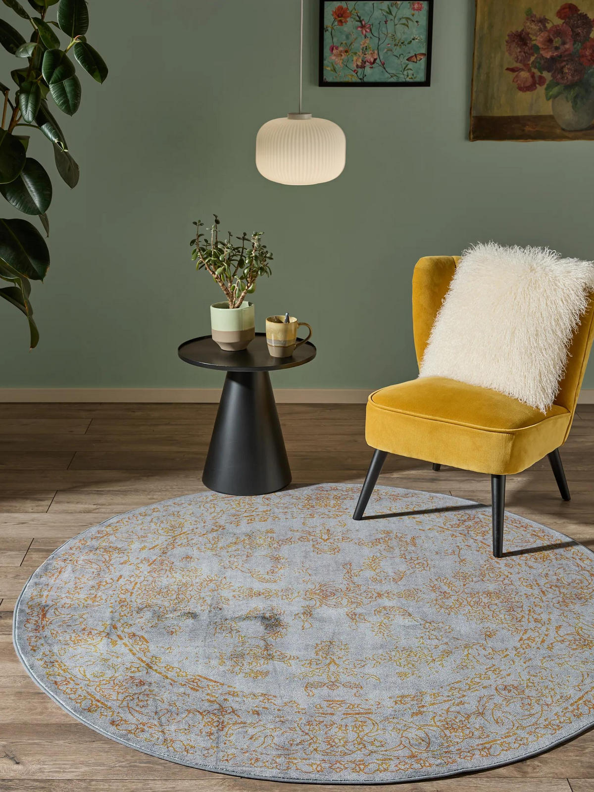 VINTAGE-TEPPICH Miray waschbar ø 160 cm rund - Orange/Grau, Kunststoff (160/160cm) - benuta Nest