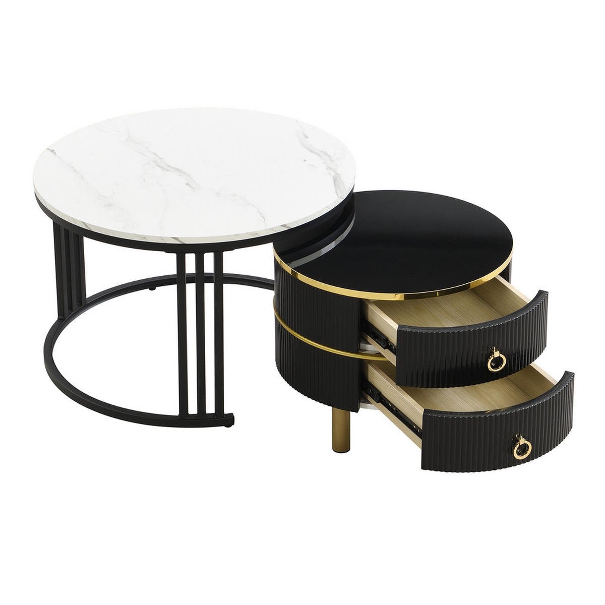 COUCHTISCH 2-in-1 Rund Hochglanz 2 Schubladen Weiß-Schwarz Gold - Schwarz, Holz (56/56/34.5cm) - FLIEKS