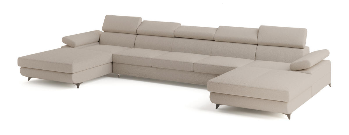 WOHNLANDSCHAFT VIVENTE Beige Boucle-Stoff mit Schlaffunktion - Beige, Holz (410/89/190cm) - MASSENO