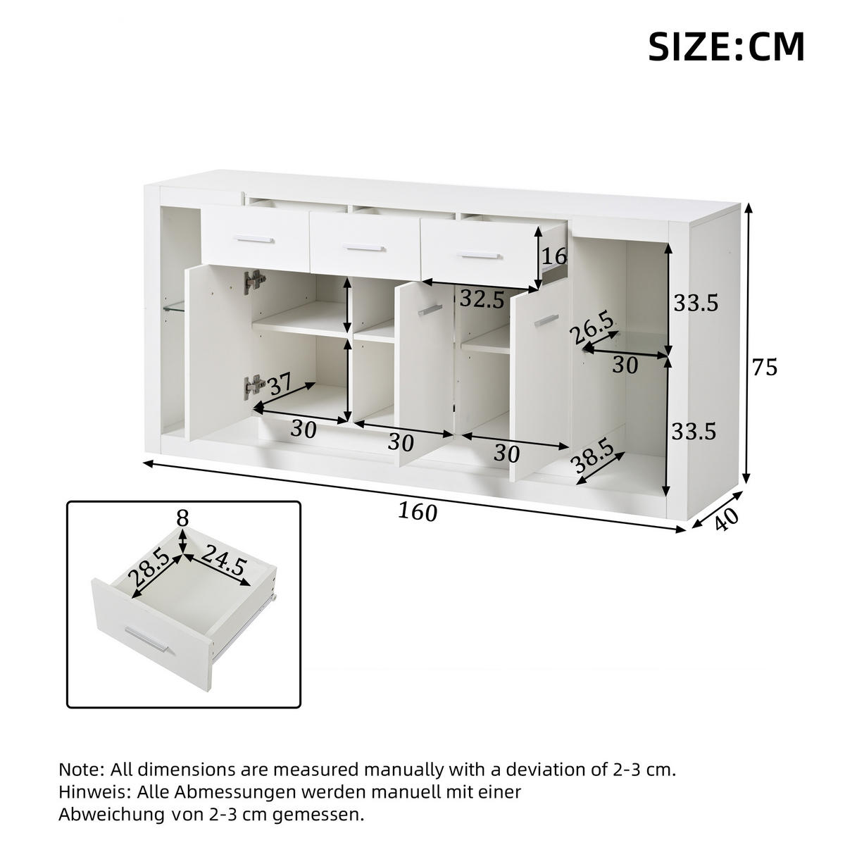 KOMODA 160x40x75 cm Bijela LED 3 ladice - bijela, drvni materijal (40/75/160cm) - FLIEKS