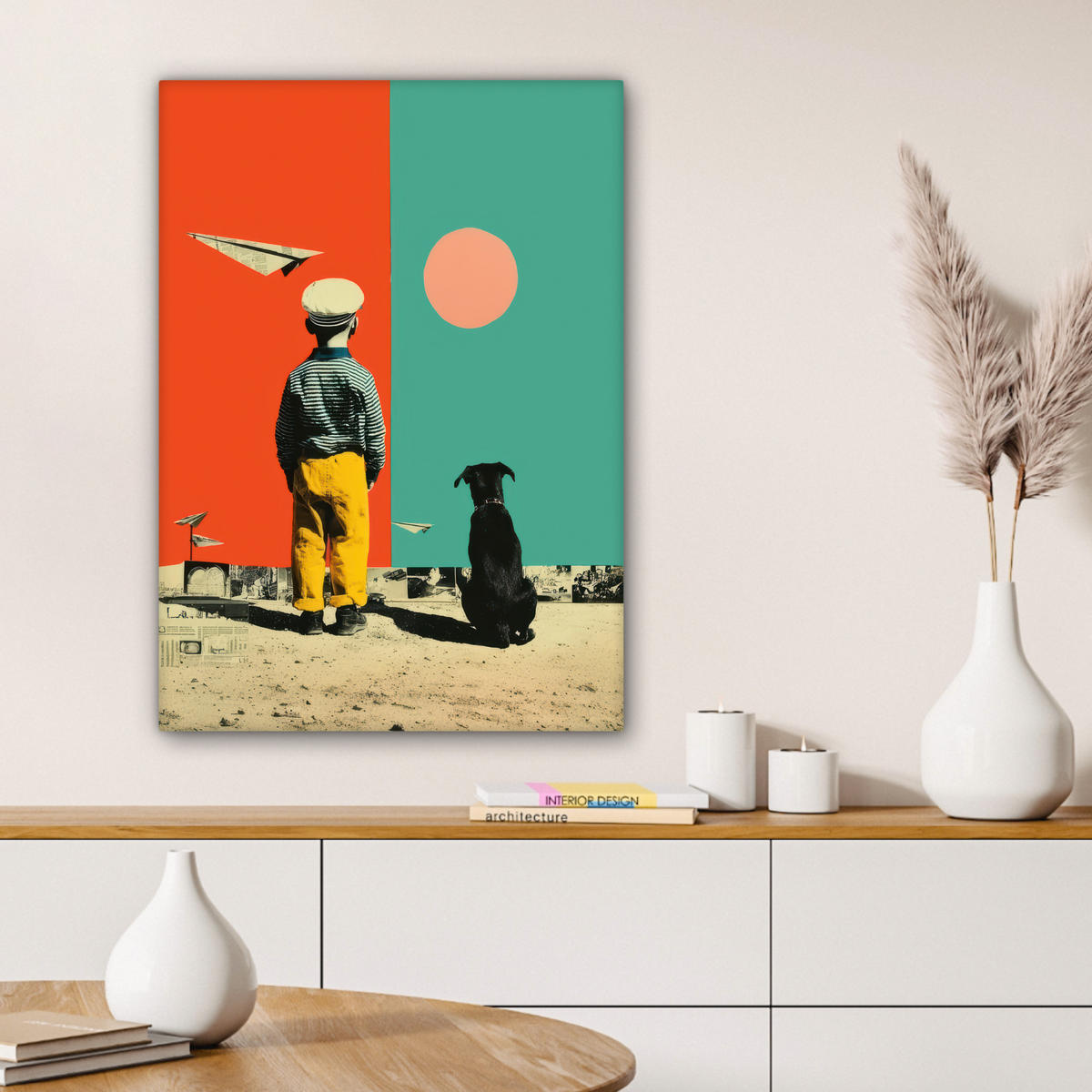 LEINWANDBILD Retro - Junge - Hund - Rot - Grün Wandbild Wohnzimmer 60x80 cm - Orange, Textil (60/80cm) - MuchoWow