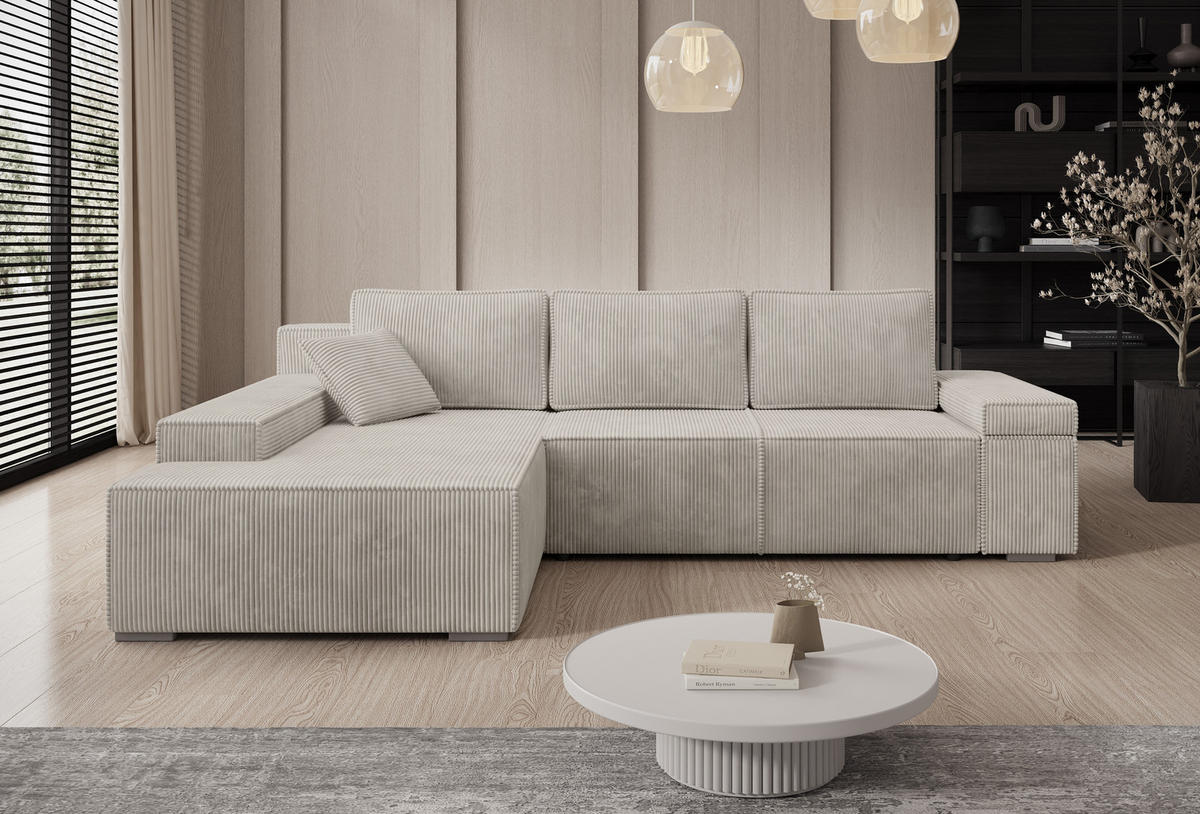 ECKSOFA Milo mit Schlaffunktion und Bettkasten, Couch L-Form, Cord-Stoff, 273x85x185 cm, Beige - Beige, Holz (185/273cm) - PROMETO Möbel