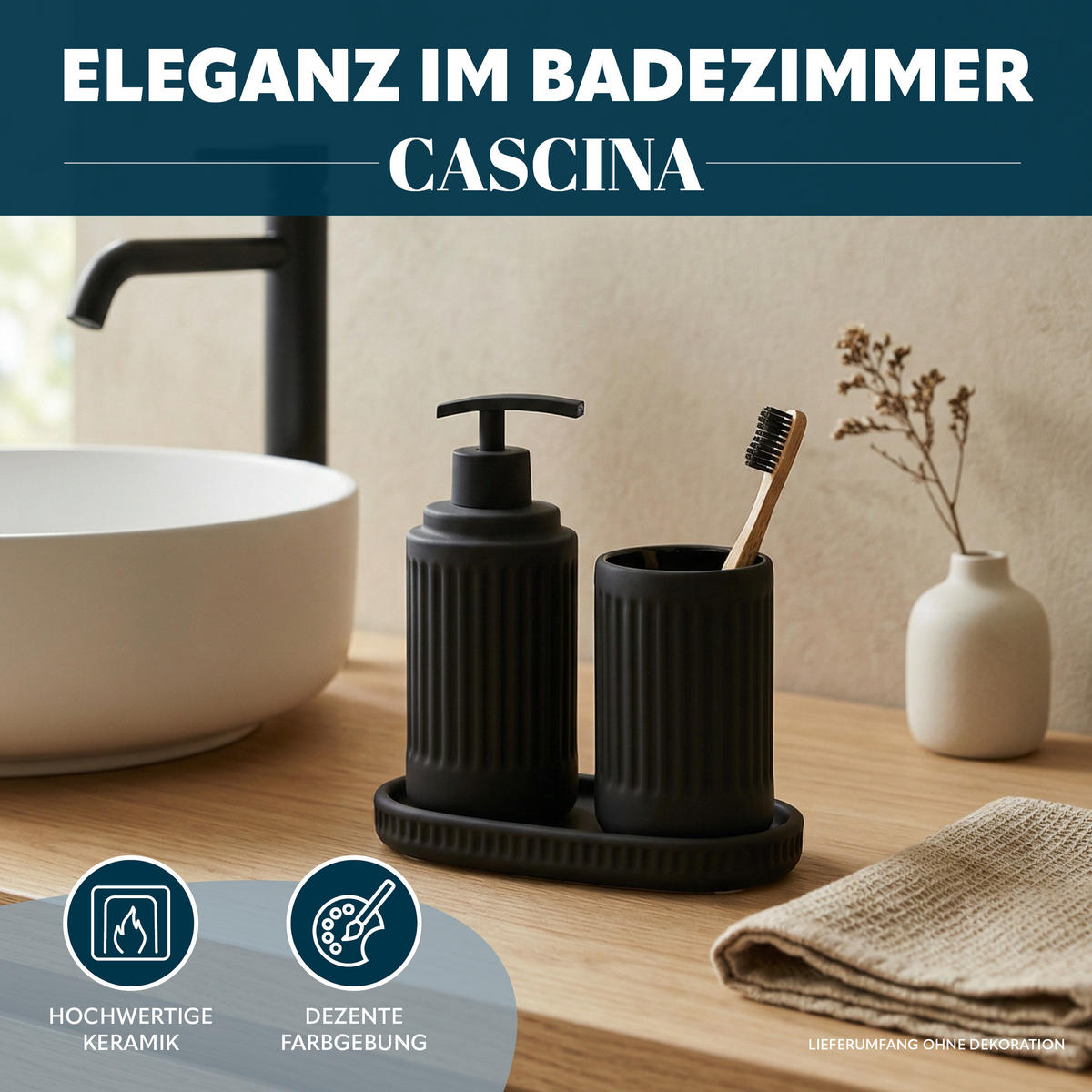 BAD-ACCESSOIRES-SET CASCINA, Soft-Touch, schwarz - Schwarz, Keramik (7/18/7cm) - eluno