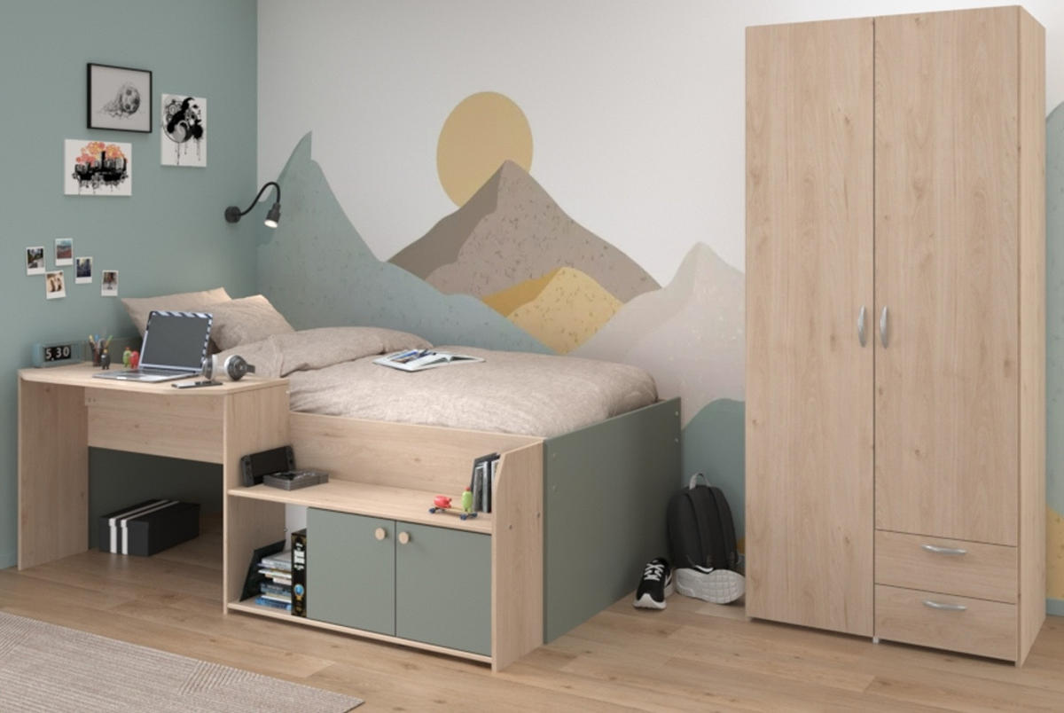KINDERZIMMER Eiche, grün 2-teilig, Jugendzimmer-Set mit Stauraumbett und Kleiderschrank - Eichefarben/Silberfarben, Holzwerkstoff/Kunststoff (203/79/136cm) - Parisot Meuble