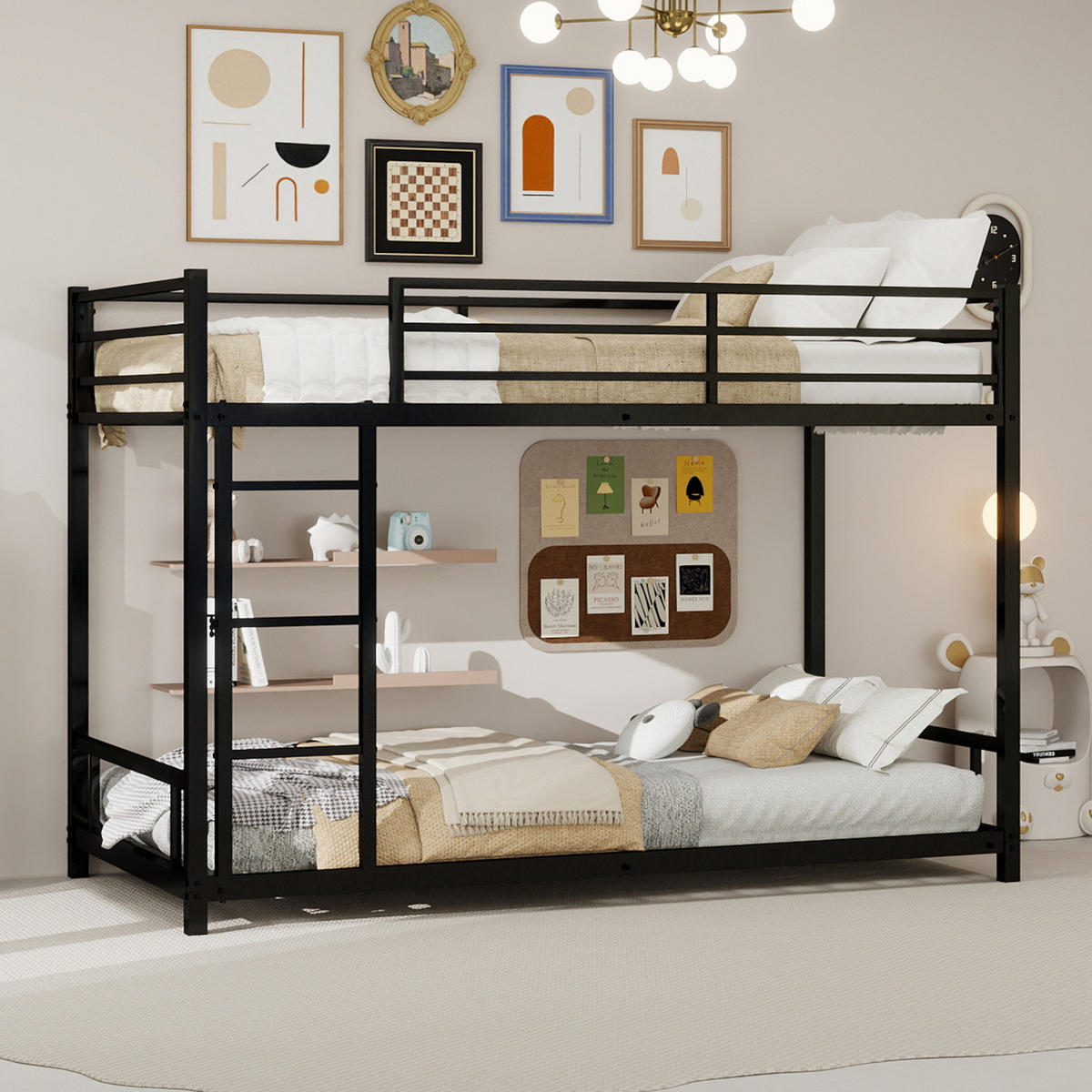 ETAGENBETT 90/180 cm schwarz aus Eisen mit Leiter und Sicherheitsgeländer - Schwarz, Metall (90/200cm) - OKWISH