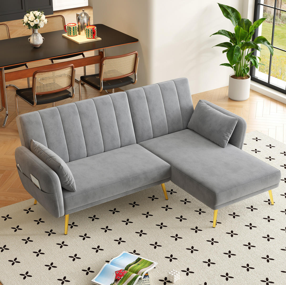 ECKSOFA, Samt mit Schlaffunktion & verstellbarer Rückenlehne, 191,5/130,5/80 cm, Grau - Grau, Textil (130.5/191.5cm) - Redom