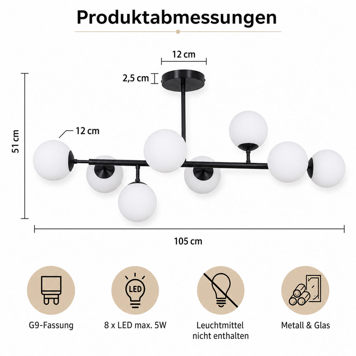 DECKENLEUCHTE Lysvix 102/12/51 cm - Schwarz/Weiß, Glas/Metall (102/12/51cm) - ZMH