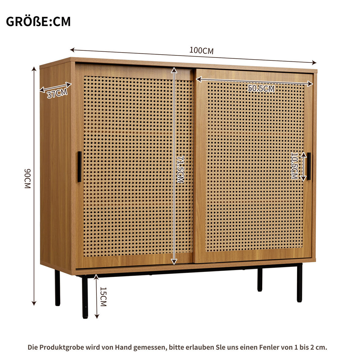 SIDEBOARD 37/100/90 cm mit 2 Schiebetüren, verstellbaren Einlegeböden und Rattanfronten aus Spanplatte, Walnuss - Walnussfarben, Holzwerkstoff (100/90/37cm) - Redom