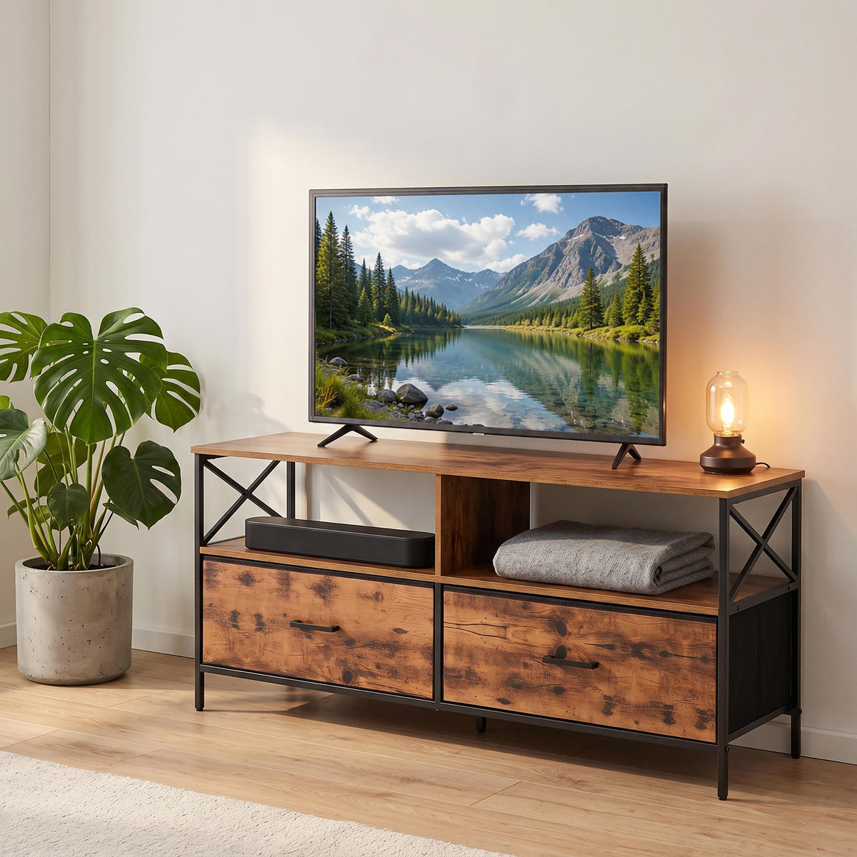 TV-LOWBOARD Industrial-Schwarz Stoffschubladen 120 cm - Braun, Holzwerkstoff/Textil (120/50/40cm) - Relaxdays