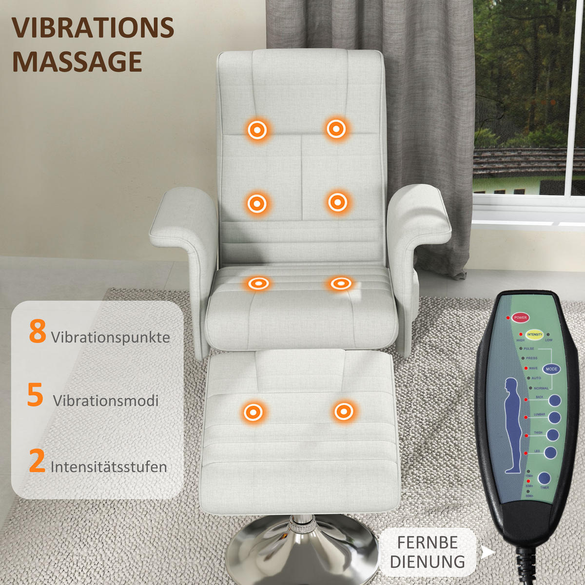 MASSAGESESSEL mit Fußhocker, elektrischer Relaxsessel mit Liegefunktion Creme - Silberfarben/Creme, Textil/Metall (95/88/78cm) - HOMCOM