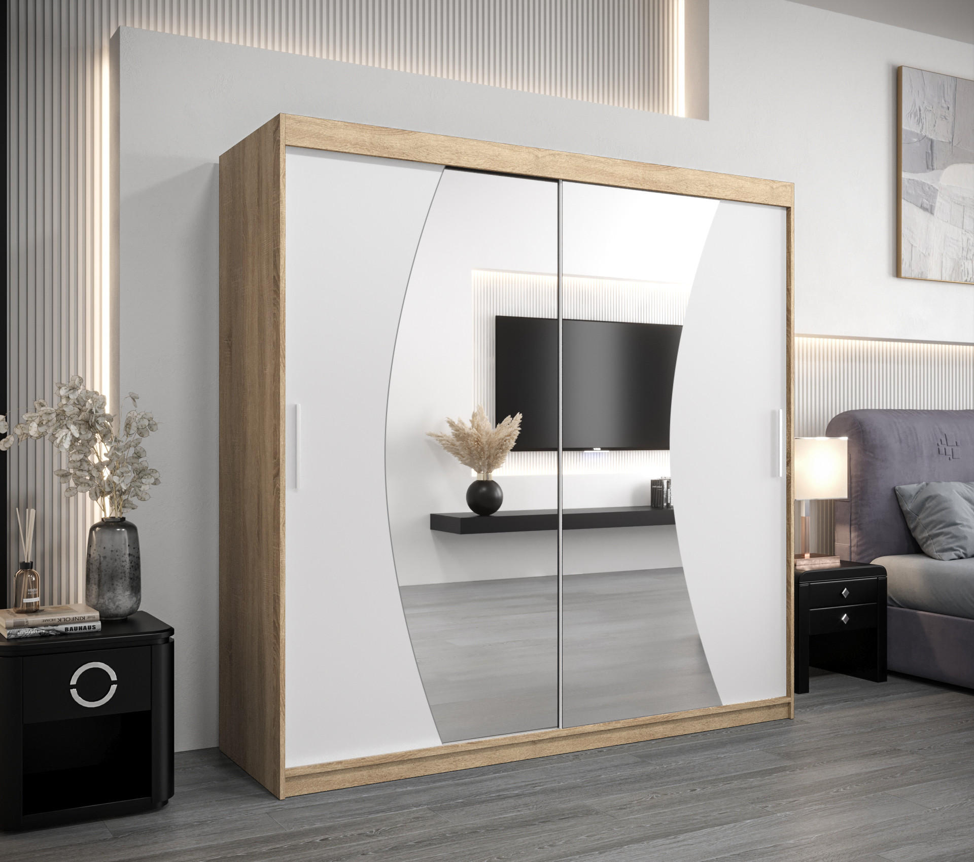 SCHWEBETÜRENSCHRANK 200/200/62 2-türig - Silberfarben/Weiß, Holz/Kunststoff (200/200/62cm) - Abiks Möbel