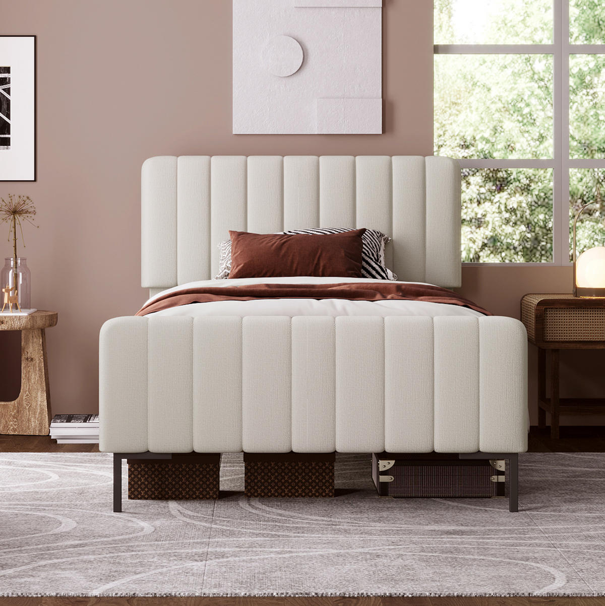 POLSTERBETT 90/200 cm in Grau-Beige mit Matratze und verstellbarem Kopfteil - Grau, Textil (90/200cm) - Flora Grace