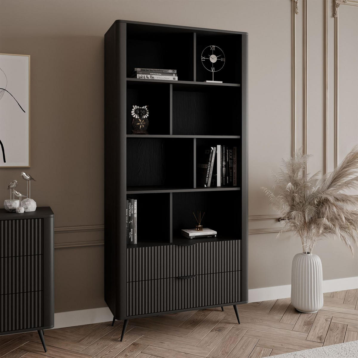 REGAL SCARLETT MIT SCHUBLADEN SCHWARZ - Schwarz, Holzwerkstoff (88/193.8/38cm) - Lookway