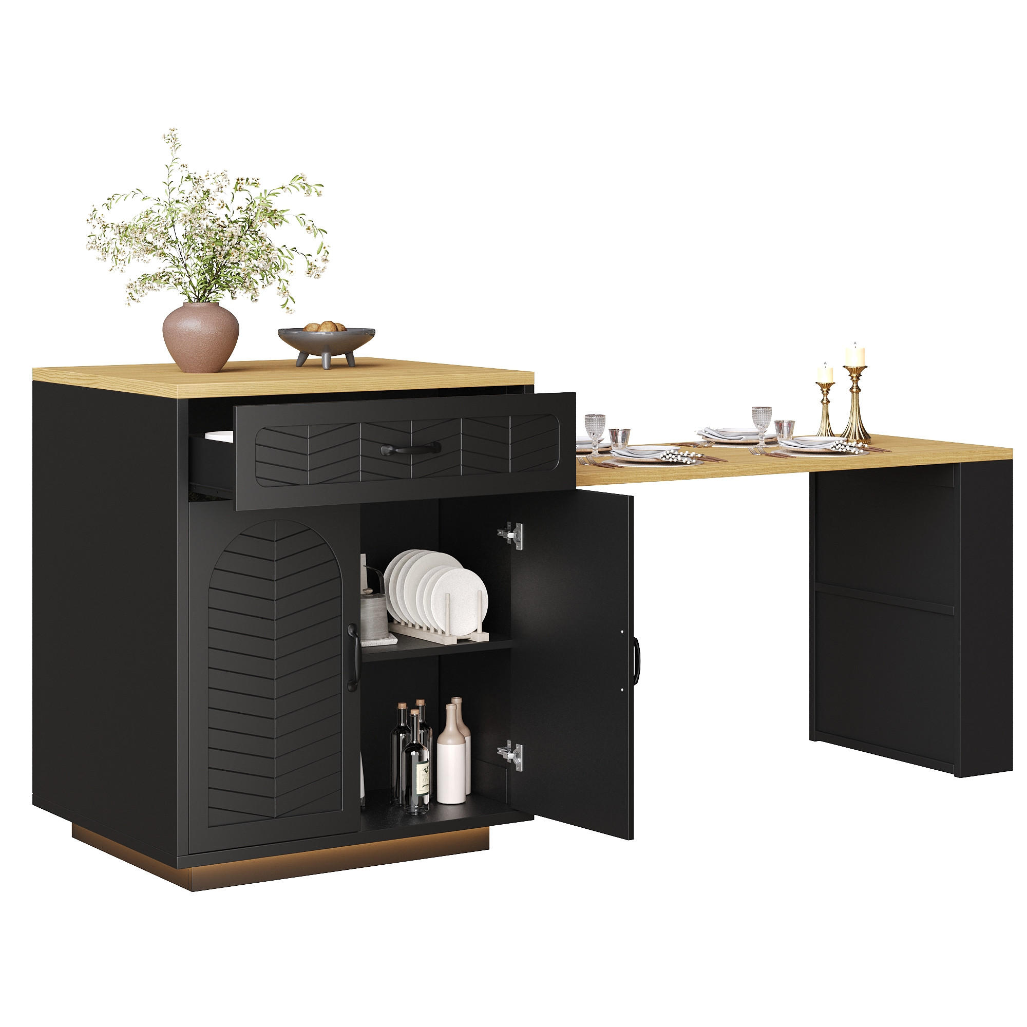 KÜCHENINSEL mit LED-Lichtleiste, Ausziehtisch, 2 Schubladen 141*70*95,5 - Schwarz, Holz/Holzwerkstoff (70/95.5/193.5cm)