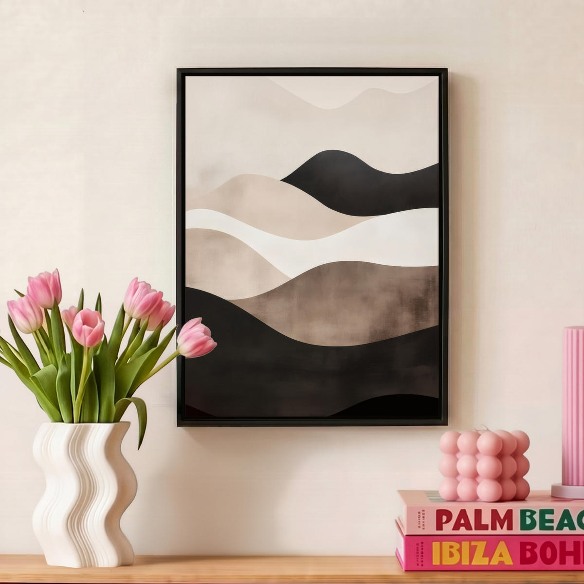 LEINWAND Bilder mit Rahmen - Abstrakt - Landschaft - Wellen - Cremefarben - 30x40 - Cappuccino, Textil (30/40cm) - MuchoWow
