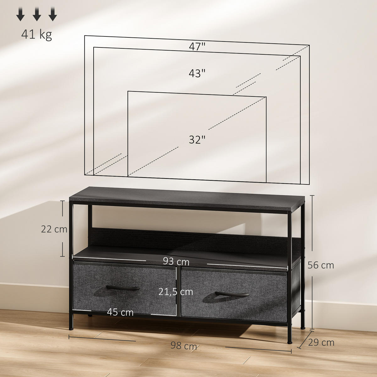 TV-LOWBOARD Dunkelgrau 98/29/56 cm, 2 faltbare Schubladen, Metallgestell - Dunkelgrau, Metall (98/56/29cm) - PANGIVO