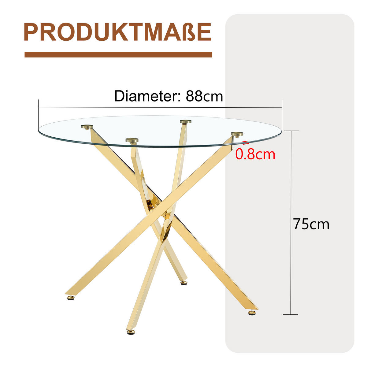 ESSTISCH runder mit goldenem Metallgestell 80/80/75 cm - Goldfarben, Metall (88/88/75cm) - Oxeza