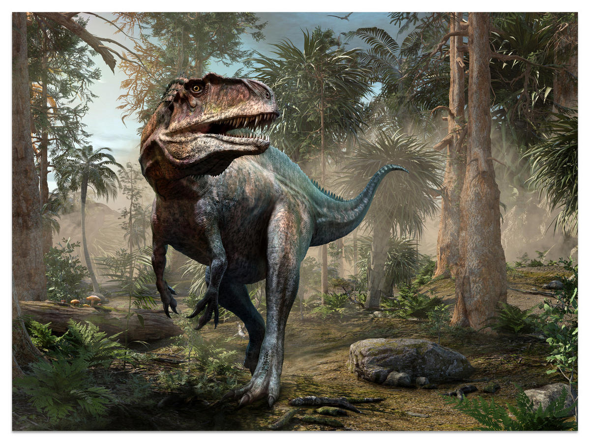 FOTOTAPETE für Jugendzimmer Realistischer Dinosaurier Dschungel Palmen 350x256 - Beige/Schwarz, Papier (350/256cm) - Muralo