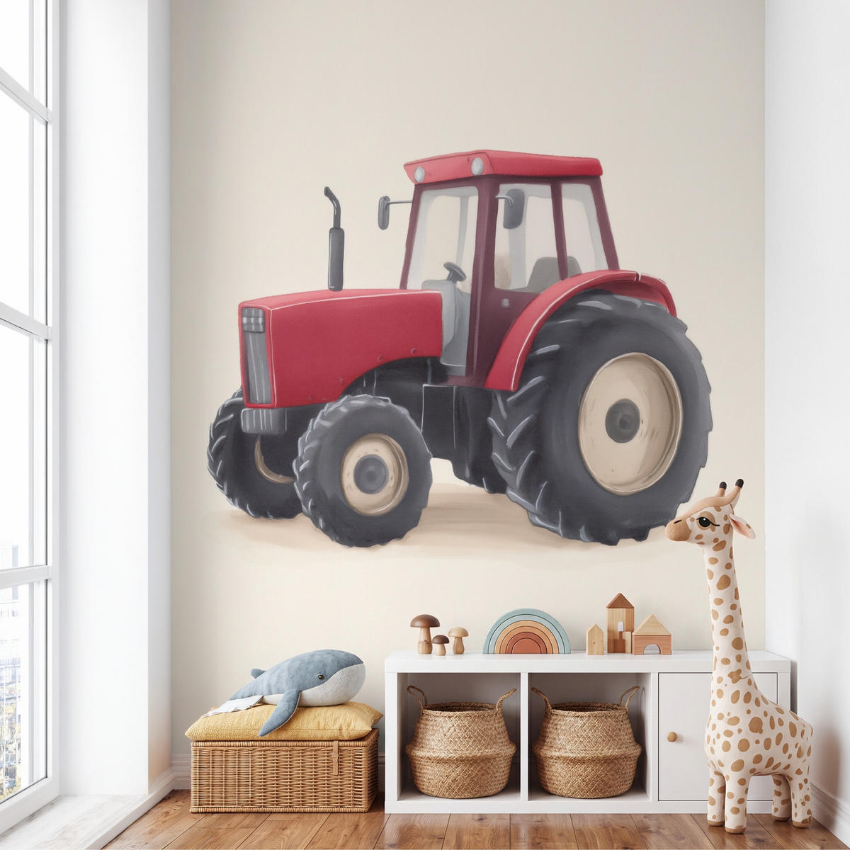 KINDERTAPETE - Traktor - Minimalistisch - Illustration - Rot - 220x260 cm - Rot, Papier (220/260cm) - OnlyWow