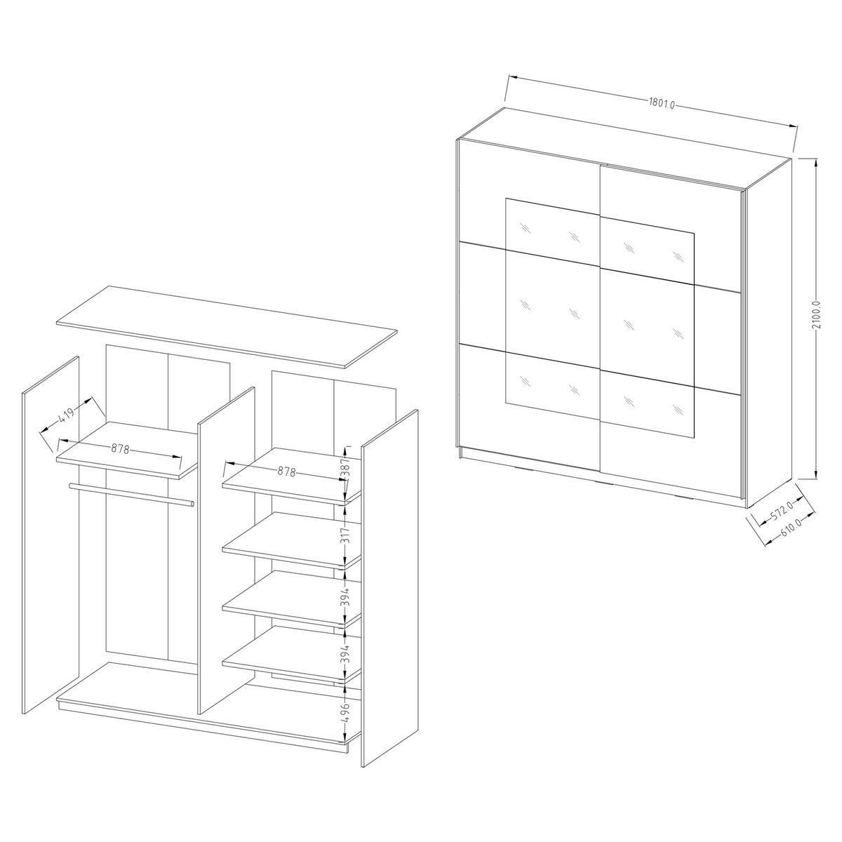 SCHWEBETÜRENSCHRANK BETTINA 180/210/61 cm 2-türig mit Spiegel Eiche San Remo - Weiß/Eiche San Remo, Holzwerkstoff (180/210cm) - MASSENO