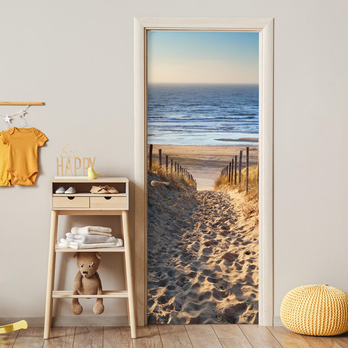 TÜRAUFKLEBER Selbstklebend - Strand - Meer - Niederlande - Dünen - Sonne 95x235 cm - Türtapete - Blau, Kunststoff (95/0.1cm) - MuchoWow
