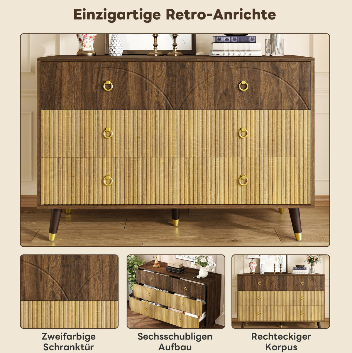 KOMMODEN-SIDEBOARD 120/40/81 cm mit 6 Schubladen im Retro-Look - Naturfarben, Holzwerkstoff (120/81/40cm) - BEAOK