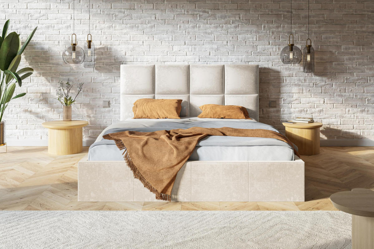 BETT 160x200 - Polsterbett mit Bettkasten und Holzrahmen - Modern Betten - Weicher Jasminstoff - Kollektion Roma, Beige - Beige, Holz/Textil (160/200cm) - Alpi-Möbel