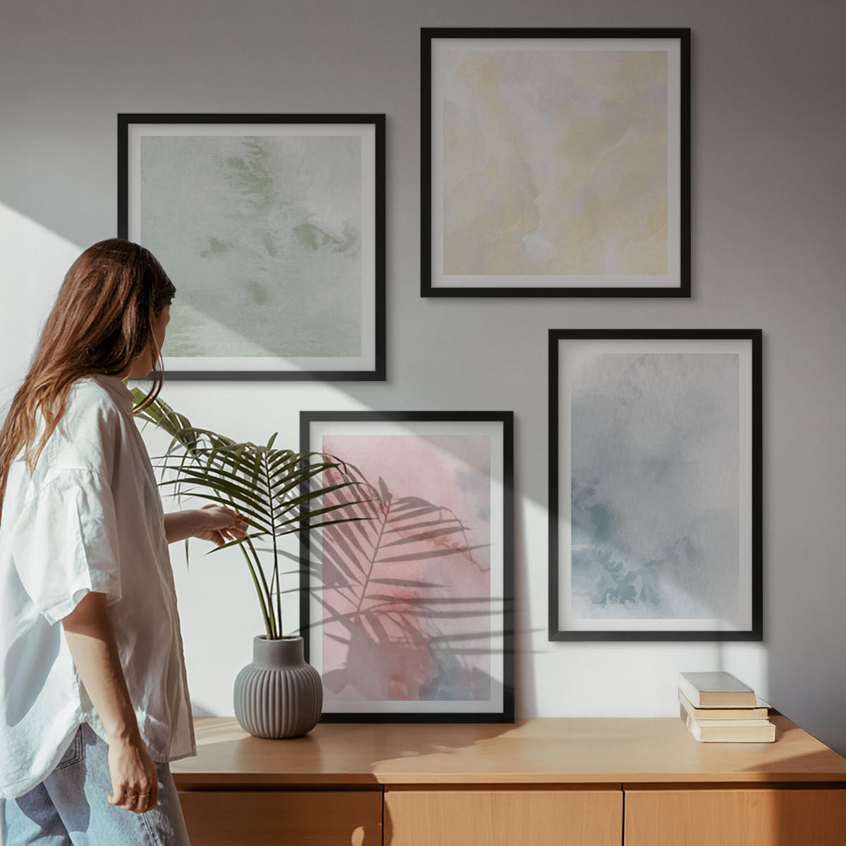WANDBILDER 4er-Set - 50x50 cm & 40x60 cm Schwarzer Rahmen - Aquarellfarben in Pastellfarben - Schwarz, Kunststoff (50/50cm) - ArtPrintCave