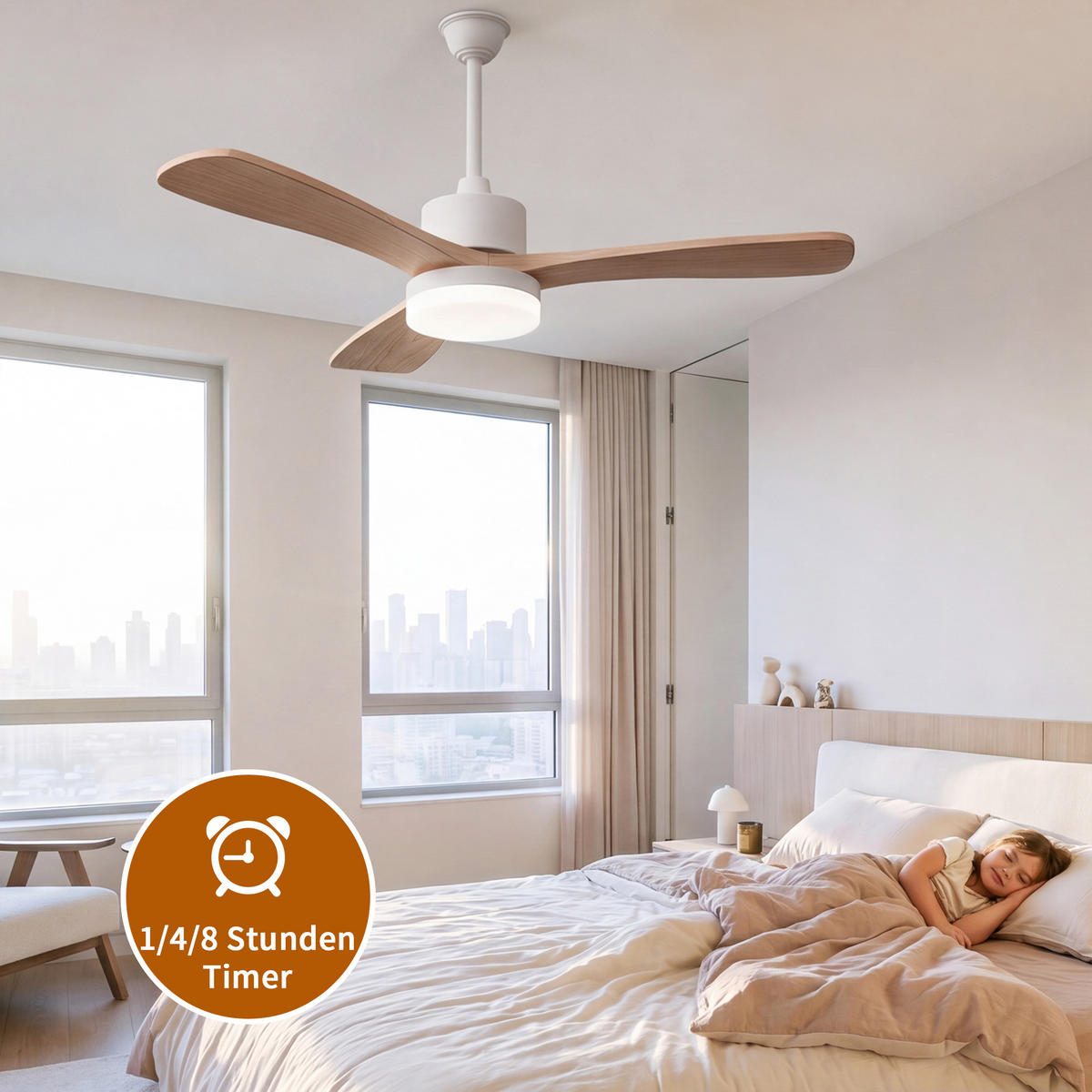 DECKENVENTILATOR mit LED-Licht, 106,6 cm, 3 Holzflügel, 6 Stufen & Timer - Naturfarben, Metall (106.6/106.6/52cm) - EuroLiving