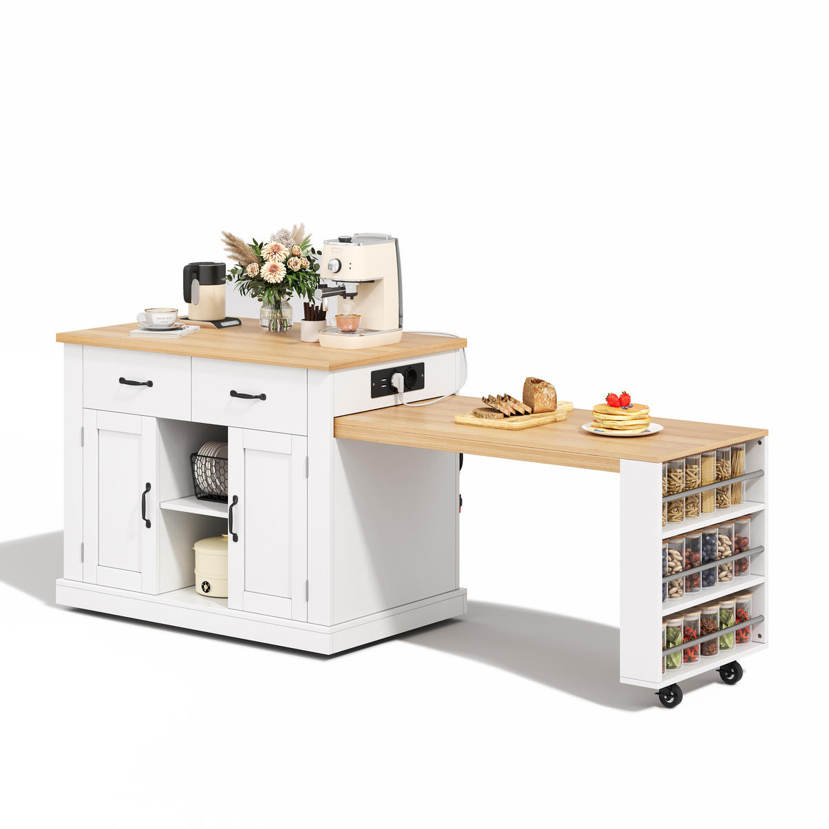 KÜCHENINSEL mit ausziehbarem Esstisch und 7 Rollen, Holzoptik, 132/70/90 cm - Weiß, Kunststoff (60/93/132cm) - Rolipo