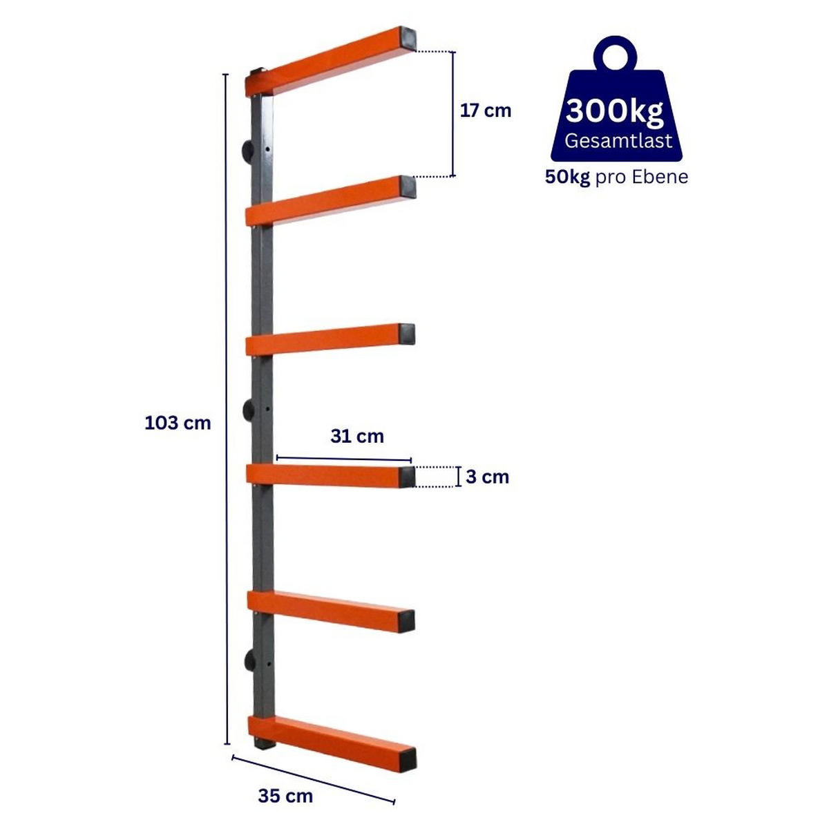KRAGARMREGAL Wandmontage mit 6 Ebenen - Orange, Metall (35/103/35cm) - PROREGAL