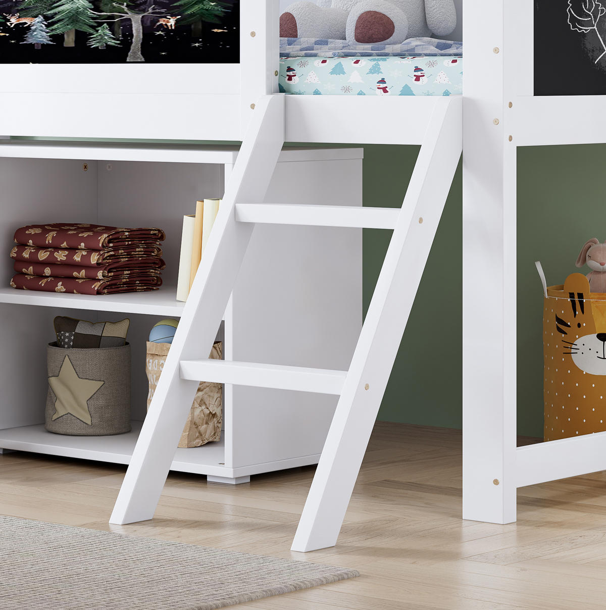 HOCHBETT 90/200 cm aus Kiefer und MDF mit Doppeltürenschrank, Kreidetafel und Schrägleiter, Weiß/Schwarz - Weiß, Holzwerkstoff (90/200cm) - Redom
