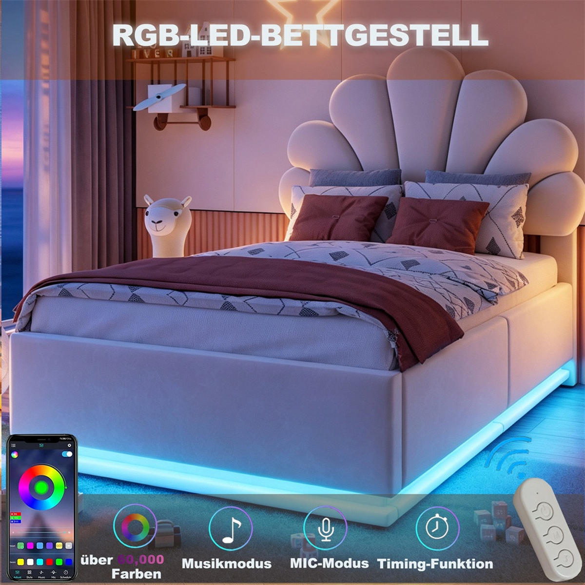 POLSTERBETT 90x200 cm mit Blüten-Kopfteil - LED Beleuchtung & hydraulischem Stauraum - Beige - ohne Matratze - Beige, Textil (90/200cm) - DELFA