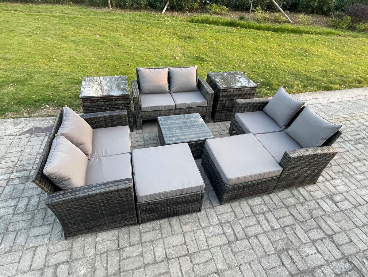 GARTENMÖBEL-SET mit Kissen Polyrattan Dunkelgrau 8-Sitzer - Dunkelgrau, Metall - Fimous