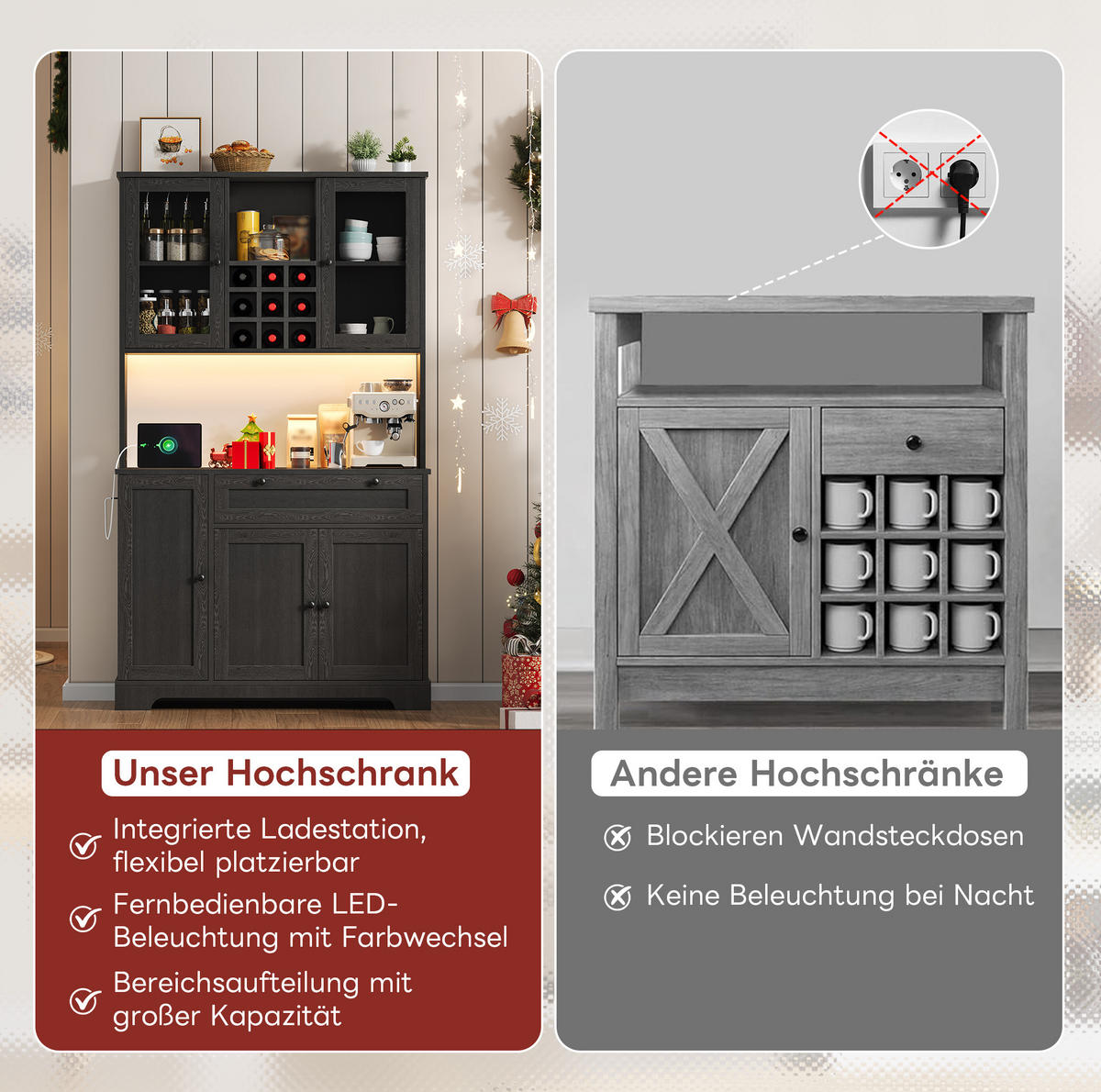 BUFFETSCHRANK aus MDF 105x40x180 cm Schwarz mit LED-Beleuchtung, Steckdosenleiste und Weinregal - Schwarz, Holzwerkstoff (105/180/40cm) - IVMEU