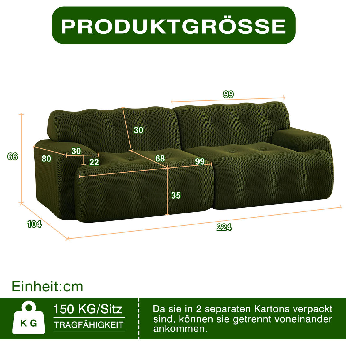 2-SITZER-SOFA 224/104/66 cm aus Stoff, montagefrei mit breiten Armlehnen und Knopfheftung, Grün - Grün, Textil (224/66/104cm) - Redom