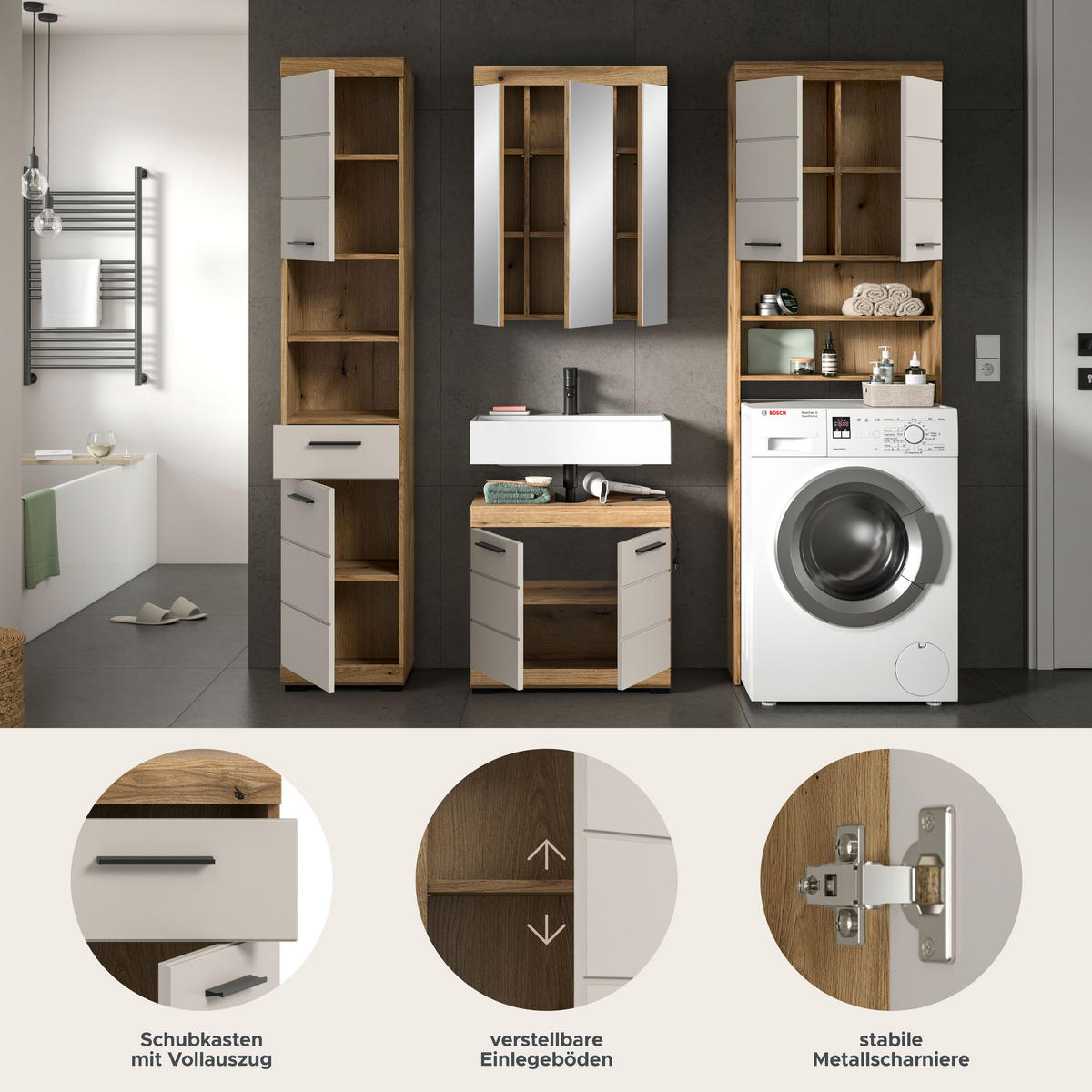 BAD-SET SCOUT 4-tlg. (B/H/T: ca. 190/191/34 cm) in Evoak Oak Nachbildung/- - Eichefarben, Holz (190/191/34cm)