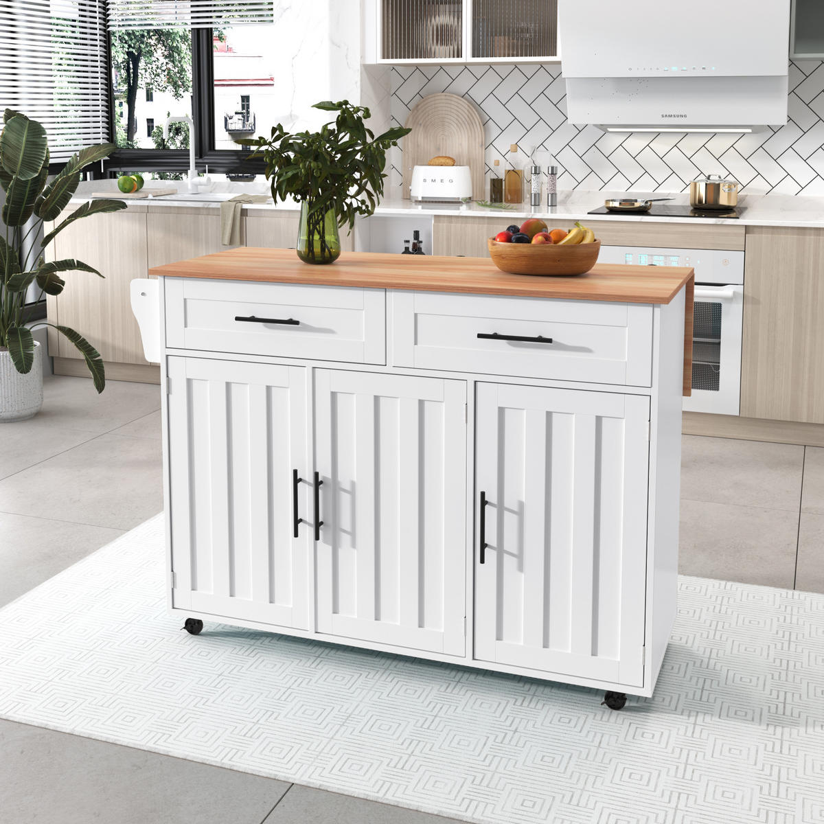 KÜCHENINSEL aus MDF 129x46x91,5 cm Weiß mit klappbarer Arbeitsplatte, Stauraum, Rädern und wechselbaren Massivholzfüßen - Weiß, Holzwerkstoff (120/91.5/46cm) - Modfu