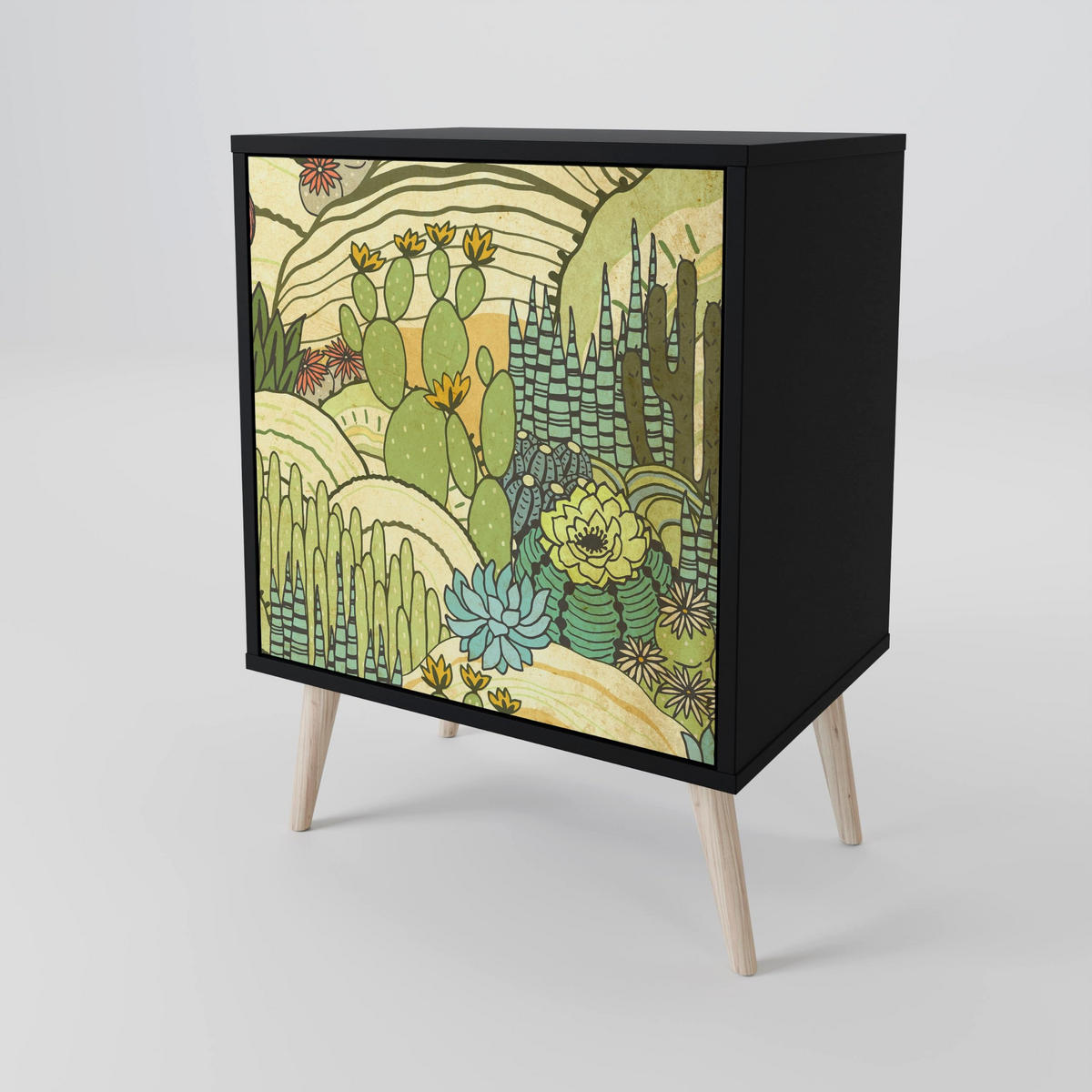 SIDEBOARD SUCCULENTS KALEIDOSCOPE, Schwarz, 57,5x42x67,5 cm, Schwarze Metall-Rahmenfüße - Multicolor/Schwarz, Holzwerkstoff/Metall (57.5/67.5/42cm) - SpaceRebels