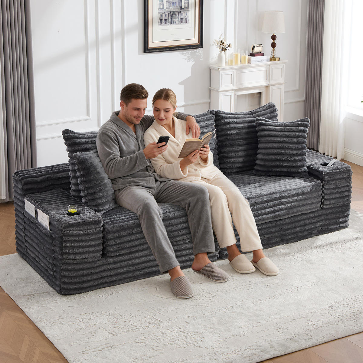 SCHLAFSOFA aus Cord mit Getränkehaltern und Kissen, Dunkelgrau - Dunkelgrau, Textil (107.48/34.25/38.58cm)