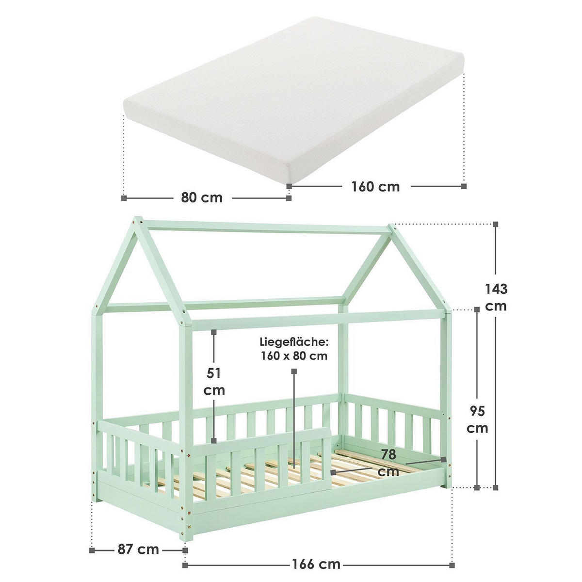 KINDERBETT Marli mit Matratze mint 80x160 cm - Grün, Holzwerkstoff (80/160cm) - Juskys