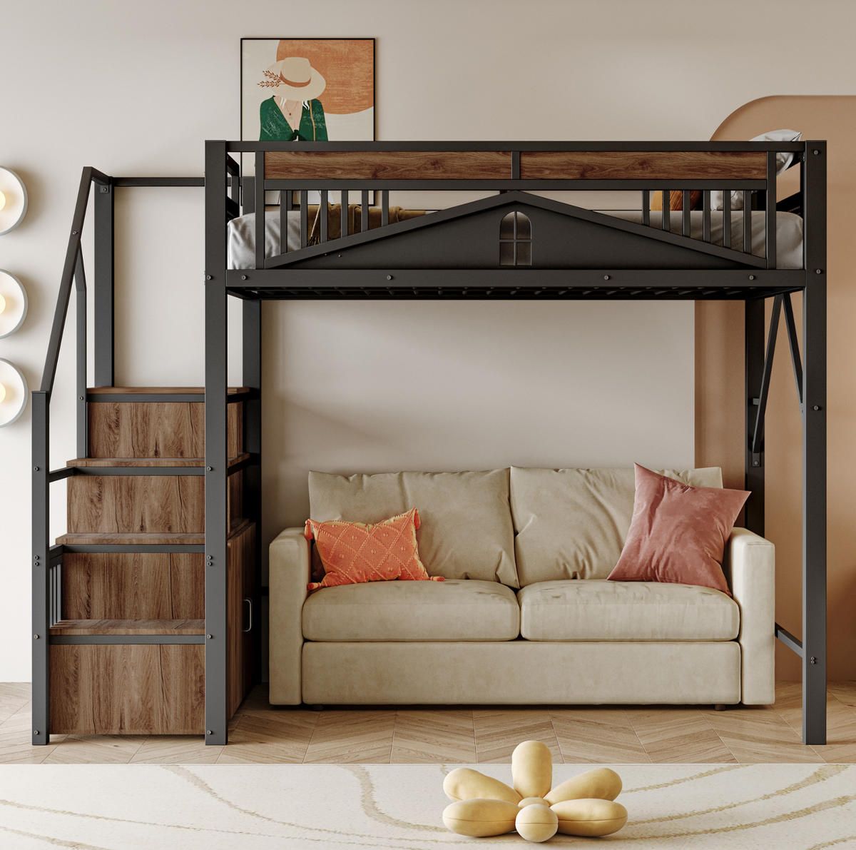 HOCHBETT 140/200 cm Schwarz aus Metall und Holz mit Stauraum - Schwarz, Metall (140/200cm) - OKMYHOME
